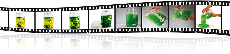 series of frames of film showing the sequence of spillLock turning a spilled fluid into a gel